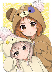  2girls :&lt; absurdres animal_hood bad_id bad_pixiv_id bandages bear_hood boko_(girls_und_panzer) character_name closed_mouth commentary dutch_angle frown girls_und_panzer highres hood light_brown_hair looking_at_viewer multiple_girls nishizumi_miho onesie open_mouth pajamas ruruepa shimada_arisu short_hair upper_body v-shaped_eyebrows zipper zipper_pull_tab 