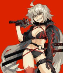  absurdres belt bikini black_bikini black_gloves breasts cleavage commentary_request fate/grand_order fate_(series) female gloves grin highres holding holding_sword holding_weapon jacket jeanne_d&#039;arc_alter_(fate) jeanne_d&#039;arc_alter_(swimsuit_berserker)_(fate) katana long_hair looking_at_viewer navel over_shoulder platinum_blonde_hair red_background red_thighhighs sheath sheathed simple_background single_thighhigh smile solo swimsuit sword sword_over_shoulder teeth thigh_strap thighhighs very_long_hair weapon weapon_over_shoulder yarawi yellow_eyes 