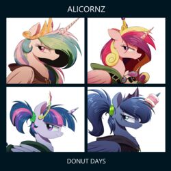  1:1 2019 accessory album_cover alicorn alternate_hairstyle amethyst_(gem) bangs black_border black_clothing black_hoodie black_topwear blonde_hair blonde_mane blue_body blue_eyes blue_eyeshadow blue_feathers blue_fur blue_hair blue_horn blue_mane border brown_clothing brown_hoodie brown_topwear bust_portrait chest_tuft clothed clothed_feral clothing cover crossover crown curled_hair daughter_(lore) demon_days dessert doughnut ear_tuft english_text equid equine eyebrows eyelashes eyeshadow eyewear feathered_wings feathers female feral flurry_heart_(mlp) food friendship_is_magic frown fur gem glistening glistening_eyes glistening_hair gold_(metal) gold_jewelry gorillaz green_clothing green_hair green_hoodie green_mane green_topwear group hair hair_accessory hair_tie half-closed_eyes hasbro headgear hi_res hoodie horn jewelry long_eyelashes long_hair long_horn long_mane looking_aside looking_at_viewer makeup mammal mane mascara messy_hair mother_(lore) mother_and_child_(lore) mother_and_daughter_(lore) multicolored_hair multicolored_mane my_little_pony mythological_creature mythological_equine mythology narrowed_eyes ncmares object_in_mouth parent_(lore) parent_and_child_(lore) parent_and_daughter_(lore) parody pastry pink_body pink_eyes pink_eyeshadow pink_feathers pink_fur pink_hair pink_horn pink_mane pivoted_ears ponytail portrait prick_ears princess princess_cadance_(mlp) princess_celestia_(mlp) princess_luna_(mlp) purple_body purple_eyes purple_feathers purple_fur purple_hair purple_horn purple_mane redraw royalty ruby_(gem) sapphire_(gem) shadow side_view simple_background smile snout sunglasses text tiara topwear tuft twilight_sparkle_(mlp) unicorn_horn unimpressed wavy_hair white_background white_body white_feathers white_fur white_horn wings young young_feral 