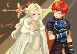  1boy :d armor blonde_hair blue_armor blue_cape blue_headband brown_eyes cape circlet cloak closed_eyes commentary_request dress female fire_emblem fire_emblem:_the_binding_blade fur-trimmed_cloak fur_trim guinevere_(fire_emblem) headband jewelry light_smile long_hair necklace open_mouth red_hair roy_(fire_emblem) shoochiku_bai smile sword weapon white_cloak white_dress 