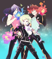  3boys ascot black_gloves black_jacket blue_fire blue_hair commentary_request fire gloves green_fire green_hair gueira hair_over_one_eye highres jacket komejiru_tatsunoshin lio_fotia long_hair mad_burnish male_focus meis_(promare) multiple_boys promare purple_eyes purple_fire pyrokinesis red_fire red_hair smile 