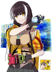  2boys black_hair black_skirt breasts chinese_commentary commentary crossover female fingerless_gloves gamer_driver girls&#039;_frontline gloves hanaya_taiga henshin_pose heterochromia holding houjou_emu kamen_rider kamen_rider_ex-aid kamen_rider_ex-aid_(series) long_hair looking_at_viewer mario_(series) medium_breasts multicolored_hair multiple_boys new_super_mario_bros._u_deluxe orange_eyes rider_gashat ro635_(girls&#039;_frontline) skirt smile super_crown upper_body white_hair xiujia_yihuizi yellow_eyes 