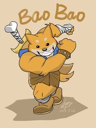  2019 3:4 anthro bao_bao_(mao_mao) black_nose canid canine canis cartoon_network domestic_dog harrydog hi_res humanoid_hands male mammal mao_mao:_heroes_of_pure_heart melee_weapon meme parody right-hook_dog shiba_inu simple_background solo spitz sword text weapon 