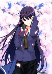  absurdres artist_request bow branch buttons cherry_blossoms female grisaia_(series) hand_on_own_face highres long_hair necktie purple_eyes purple_hair resized sakaki_yumiko school_uniform skirt smile source_request spring_(season) standing sweater tree upscaled waifu2x 