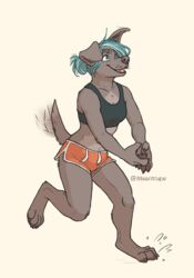  2019 4_toes 5_fingers abigfathen action_pose anthro biped bird_dog blue_eyes bottomwear bra breasts brown_body brown_fur canid canine canis claws cleavage clothed clothing collarbone dipstick_tail dolphin_shorts domestic_dog feet female finger_claws fingers floppy_ears fur green_eyes hair hair_bun hi_res hunting_dog labrador looking_up mammal markings midriff multicolored_body multicolored_fur multicolored_hair multicolored_tail on_one_leg open_mouth open_smile pawpads pose retriever shorts simple_background smile solo sports_bra standing tail tail_markings tail_motion tailwag toe_claws toes two_tone_body two_tone_fur two_tone_hair underwear 