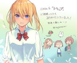  4girls amatani_mutsu blonde_hair blue_background blue_eyes bow bowtie chibi commentary_request crab gradient_background kujou_shion long_hair looking_at_viewer multiple_girls official_art onishima_homare rabbit red_bow red_bowtie sagara_riri school_uniform shirt short_hair simple_background sleeves_rolled_up smile sounan_desuka? suzumori_asuka translation_request twintails twitter_username upper_body white_shirt 