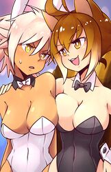  2girls animal_ears antenna_hair artist_name bare_legs bare_shoulders black_bow black_bowtie black_leotard blazblue blush bow bowtie breasts brown_eyes brown_hair bullet_(blazblue) cleavage commentary covered_navel dark-skinned_female dark_skin detached_collar doyagao english_commentary eye_contact face-to-face fake_animal_ears hair_between_eyes hand_on_another&#039;s_shoulder highres large_breasts leotard looking_at_another lyn_(shunao) makoto_nanaya multicolored_hair multiple_girls nontraditional_playboy_bunny open_mouth playboy_bunny protected_link rabbit_ears short_hair smile smug squirrel_ears squirrel_girl squirrel_tail strapless strapless_leotard sweatdrop tail v-shaped_eyebrows white_hair white_leotard wrist_cuffs yellow_eyes 