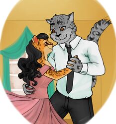  andy_(nekomimiranger) brown_eyes cass_(nekomimiranger) dancing duo felid feline hi_res leopardus mammal necktie ocelot pantherine rkaoril simple_background smile snow_leopard 