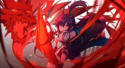  absurdres arknights bare_shoulders blue_hair ch&#039;en_(arknights) chinese_commentary commentary_request dark_blue_hair dragon dragon_horns female gloves highres holding holding_sword holding_weapon horns jacket necktie open_clothes originium_arts_(arknights) photoshop_(medium) red_eyes shirt shorts sword weapon white_shirt yumuto_(spring1786) 