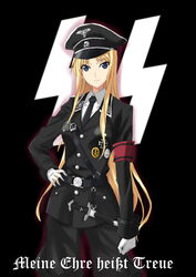  arm_at_side armband badge baldr_(series) baldr_sky belt belt_buckle black_background black_belt black_hat black_jacket black_pants blackletter blonde_hair blue_eyes breast_pocket breasts buckle buttons closed_mouth collar_tabs collared_shirt commentary contrapposto cowboy_shot cross cuff_title dagger eyes_visible_through_hair faintxp female frown german_text gloves hand_on_own_hip hat hat_ornament insignia iron_cross jacket jodhpurs kirishima_rain knife lapels long_hair long_sleeves looking_at_viewer medium_breasts military military_hat military_jacket military_uniform motto nazi necktie notched_lapels pants peaked_cap pocket red_armband reichsadler sam_browne_belt sheath sheathed shirt shoulder_belt shoulder_boards sigrunen silver_trim skull_and_crossbones skull_hat_ornament solo ss_insignia ss_uniform straight_hair totenkopf translated uniform weapon white_gloves white_shirt white_trim 