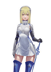  absurdres aiz_wallenstein arm_at_side armor black_gloves blonde_hair blue_footwear boots breasts commentary_request dungeon_ni_deai_wo_motomeru_no_wa_machigatteiru_darou_ka elbow_gloves female gloves highres long_hair looking_at_viewer photoshop_(medium) silver_skirt simple_background small_breasts solo standing sword takamitsu-kun thigh_boots thighhighs weapon white_background yellow_eyes zettai_ryouiki 