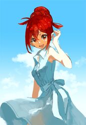  bad_id bad_skeb_id bad_source blue_dress blue_sky cloud commission dress female fire_emblem fire_emblem_fates fire_emblem_heroes kana_(female)_(fire_emblem) kana_(fire_emblem) nyagiratwist orange_eyes red_hair skeb_commission sky sleeveless sleeveless_dress smile 