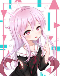  bat_wings black_dress blush brown_wings commentary_request dress fangs female food food_on_face food_on_hand frilled_sailor_collar frills hair_between_eyes hand_up long_hair looking_at_viewer original parted_lips pink_hair red_eyes sailor_collar sailor_dress satori_(ymoy) sidelocks solo tongue tongue_out very_long_hair white_sailor_collar wings 