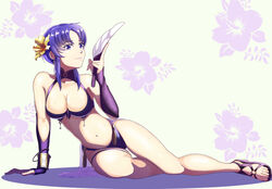  bikini breasts cleavage commentary_request detached_sleeves feathers female fire_emblem fire_emblem:_the_blazing_blade fire_emblem_heroes floral_background flower hair_flower hair_ornament large_breasts navel official_alternate_costume purple_bikini purple_eyes purple_footwear purple_hair purple_sleeves sandals short_hair sleeves_past_wrists solo sukkirito_(rangusan) swimsuit ursula_(fire_emblem) ursula_(summer)_(fire_emblem) 