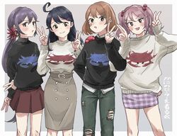  4girls :3 ahoge akebono_(kancolle) alternate_costume bandaid bandaid_on_face bell belt blue_hair blush breasts brown_hair closed_mouth commentary_request crab crab_on_shoulder flower hair_bell hair_bobbles hair_flower hair_ornament hairclip highres jingle_bell kantai_collection long_hair long_sleeves multiple_girls oboro_(kancolle) open_mouth pants pink_hair purple_hair sazanami_(kancolle) short_hair side_ponytail simple_background skirt smile sweater torn_clothes torn_pants translated turtleneck turtleneck_sweater twintails ushio_(kancolle) v zippo_teifujou 