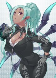  aqua_hair arachne_(housamo) argyle_background arthropod_girl arthropod_limbs bad_proportions black_gloves black_neckwear black_suit breasts cleavage commentary dark-skinned_female dark_skin earrings extra_eyes female finger_to_own_chin formal gloves hand_on_own_hip hand_up harigiri305 highres impossible_clothes jewelry lace large_breasts leaning_forward long_hair pointy_ears ponytail simple_background solo spider_girl standing suit tokyo_afterschool_summoners 