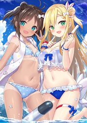  2girls :d aqua_eyes azur_lane bikini blonde_hair blue_bikini bracelet breasts bridal_garter brown_hair cleavage commentary_request food forbin_(azur_lane) green_eyes hair_bun highres jacket jewelry large_breasts le_mars_(azur_lane) le_mars_(ete_brillant)_(azur_lane) long_hair multiple_girls navel open_mouth outdoors polka_dot polka_dot_bikini popsicle short_hair single_hair_bun skindentation small_breasts smile swimsuit tan tanlines torpedo yano_mitsuki_(nanairo) 