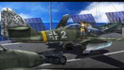  aircraft airplane balkenkreuz blue_eyes blue_sky brown_hair cloud commentary cross day failure_penguin fairy_(kancolle) female flight_deck ground_vehicle half-track harumiya_hiro hat highres jet kantai_collection kettenkrad long_hair luftwaffe me_262 military ocean outdoors peaked_cap roundel signature sky solo standing swastika ta_152 tally vehicle_focus wehrmacht world_war_ii 