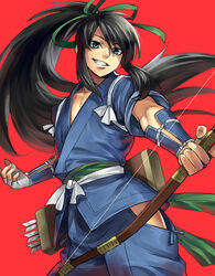  1boy asymmetrical_gloves bishounen black_hair blue_eyes blue_hakama blue_kimono bow_(weapon) commentary_request cowboy_shot drifters fingerless_gloves floating_hair gloves green_ribbons grin hair_between_eyes hair_ribbon hakama hakama_skirt high_ponytail holding holding_bow_(weapon) holding_weapon japanese_clothes kimono long_hair male_focus nasu_no_yoichi ponytail red_background ribbon shiromi_(ringo) short_sleeves simple_background single_glove skirt smile solo uneven_gloves very_long_hair weapon white_gloves 