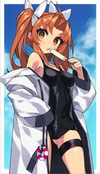  2girls ahoge black_one-piece_swimsuit blue_sky breasts brown_eyes brown_hair cloud coat collarbone commentary_request contrapposto day drawstring food hair_ribbon highres hood hooded_coat hoodie itsumo_nokoru kagerou_(kancolle) kantai_collection lifebuoy long_hair looking_at_viewer multiple_girls one-piece_swimsuit popsicle remodel_(kantai_collection) ribbon school_swimsuit sky small_breasts swim_ring swimsuit twintails white_coat white_ribbon yellow_ribbon 