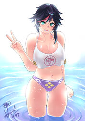  artist_name ass_visible_through_thighs bikini bikini_bottom_only black_hair blush breasts camisole clenched_hand commentary_request cowboy_shot crop_top dated female green_eyes highres hori_shin indie_virtual_youtuber large_breasts looking_at_viewer minori_yumeko mismatched_bikini multicolored_hair open_mouth print_bikini purple_bikini red_hair see-through short_hair signature simple_background smile solo sparkle standing streaked_hair swimsuit thighs v virtual_youtuber wading wet white_bikini 