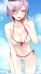  ass_visible_through_thighs bare_arms bare_shoulders bikini breasts cleavage collarbone commentary day eyes_visible_through_hair fate/grand_order fate_(series) female front-tie_bikini_top front-tie_top hair_over_one_eye highres ka1se1 large_breasts light_purple_hair looking_at_viewer mash_kyrielight mash_kyrielight_(swimsuit_of_perpetual_summer) navel official_alternate_costume open_mouth outdoors purple_eyes purple_hair short_hair side-tie_bikini_bottom smile solo swimsuit teeth upper_teeth_only white_bikini 