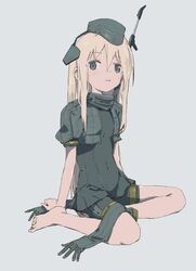  barefoot blonde_hair blue_eyes blush clothes_writing commentary_request cropped_jacket female full_body garrison_cap gloves grey_background hat headgear kantai_collection long_hair military military_uniform open_mouth pale_skin puffy_short_sleeves puffy_sleeves shinagiku short_sleeves simple_background sitting solo swimsuit swimsuit_under_clothes u-511_(kancolle) uniform unworn_gloves 