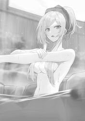  alexia_midgar blurry blurry_background breasts female greyscale hair_censor hair_over_breasts highres kage_no_jitsuryokusha_ni_naritakute! medium_breasts monochrome navel non-web_source novel_illustration official_art onsen open_mouth partially_submerged sidelocks solo swept_bangs tied_hair touzai_(poppin_phl95) updo upper_body 