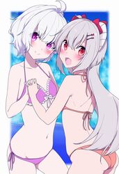  2girls :d ahoge arched_back ass bare_arms bare_shoulders bikini blue_sky blurry blurry_background blush bow breasts brown_bikini cloud cloudy_sky collarbone commentary day depth_of_field fingernails frilled_bikini frills hair_between_eyes hair_intakes hair_ornament hairbow hairclip hanasaki_ayame head_tilt highres holding_hands horns interlocked_fingers kuusou_code_plus long_hair looking_at_viewer multiple_girls navel nemukawa_yumena oerba_yun_fang open_mouth purple_bikini purple_eyes ratsuku_kinoko red_bow red_eyes ribbon-trimmed_bikini ribbon_trim side-tie_bikini_bottom sky small_breasts smile swimsuit very_long_hair virtual_youtuber white_hair 