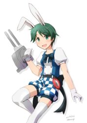  adapted_turret alternate_costume animal_ears checkered_shorts commentary_request enemy_lifebuoy_(kancolle) feet_out_of_frame female gloves green_eyes green_hair kantai_collection looking_at_viewer mogami_(kancolle) nao_(nao_eg) pocket_watch puffy_sleeves rabbit_ears short_hair short_sleeves shorts simple_background smile solo swept_bangs thighhighs watch white_background white_gloves white_thighhighs 