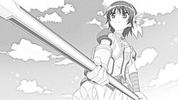  cloud cowboy_shot dog_days female greyscale hairband highres holding holding_weapon monochrome outdoors short_hair sky solo source_request takatsuki_nanami weapon 