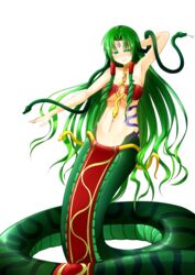  arm_behind_head armpits bare_shoulders breasts chains collar commentary_request drill_hair echidna_(monster_girl_encyclopedia) facial_mark female forehead_mark green_eyes green_hair hair_tubes highres lamia large_breasts long_hair looking_at_viewer mahou_sensei_negima! monster_girl monster_girl_encyclopedia monsterification naba_chizuru o-ring pelvic_curtain sidelocks simple_background smile snake snake_hair solo stomach vahn_yourdoom very_long_hair white_background 