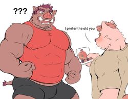  2019 absurd_res anthro belly biceps blush bottomwear bulge canid canine clothing duo english_text episode0006 facial_hair hi_res humanoid_hands male mammal muscular muscular_male overweight overweight_male pecs question_mark shirt shorts simple_background suid suina sus_(pig) text topwear white_background wild_boar 