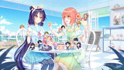  5boys 6+girls :&lt; absurdres akatsuki_no_yona atatos black_hair black_legwear blue_skirt blue_sky blush bow brown_hair bubble_tea cake chair character_request chibi chiharu_haruka closed_eyes cloud commentary_request copyright_request crepe cupcake day dessert dragon dress eating feeding flower food fork frills fuwa_shoutarou gakuen_babysitters green_hair hair_flower hair_ornament hairbow hak_(akatsuki_no_yona) highres indoors jabami_yumeko kakegurui kashima_kotarou kimi_wa_haru_ni_me_wo_samasu knife ladder lying mogami_kyouko multiple_boys multiple_girls namaikizakari. nonomura_hana on_back pink_hair plate poster_(object) saibara_takane school_uniform serafuku shelf shirt short_sleeves signature sitting skip_beat! skirt sky smile spoon table takane_to_hana tile_floor tiles tsuiraku_jk_to_haijin_kyoushi white_shirt yellow_bow yona_(akatsuki_no_yona) yowai_5000-nen_no_soushoku_dragon_iwarenaki_jaryuu_nintei 