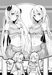  3girls ? armlet crop_top crossed_arms greyscale hair_between_eyes hand_in_own_hair headband highres horns kei_(k_tmr) latina_(uchi_no_musume_no_tame_naraba) long_hair looking_at_viewer midriff monochrome multiple_girls navel non-web_source novel_illustration official_art sash siblings sisters skirt standing stomach sylvia_fal thought_bubble twins uchi_no_musume_no_tame_naraba_ore_wa_moshikashitara_maou_mo_taoseru_kamo_shirenai. very_long_hair 