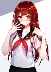  akariko black_skirt blush closed_mouth collarbone commentary_request fanning_face female fingernails gradient_background grey_background hair_between_eyes hands_up highres long_hair looking_at_viewer neckerchief original red_eyes red_hair red_neckerchief school_uniform serafuku short_sleeves skirt solo standing sweat white_background 