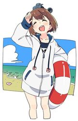  :d ^_^ anchor anchor_symbol beach blush brown_hair closed_eyes cloud collarbone commentary_request cowboy_shot cropped_legs day female headgear holding hood hood_down hooded_jacket innertube jacket kantai_collection long_sleeves name_tag ocean one-piece_swimsuit open_mouth outdoors outside_border round_teeth salute sand shell short_hair sky sleeves_past_wrists smile solo standing swim_ring swimsuit swimsuit_under_clothes teeth tonmoh upper_teeth_only yukikaze_(kancolle) yukikaze_(swimsuit_mode)_(kancolle) zipper 