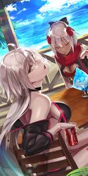  2girls ahoge akamiso_(k074510) bikini black_bikini black_bow black_choker black_jacket blue_sky bow can chair choker coca-cola commentary_request cropped_jacket day drink_can fate/grand_order fate_(series) flower food hair_flower hair_ornament hairbow highres holding holding_can jacket jeanne_d&#039;arc_alter_(fate) jeanne_d&#039;arc_alter_(swimsuit_berserker)_(fate) korean_commentary long_hair multiple_girls okita_souji_(fate) okita_souji_alter_(fate) okita_souji_alter_(first_ascension)_(fate) outdoors red_flower red_scarf scarf shaved_ice shrug_(clothing) sitting sky soda_can swimsuit table tassel white_hair yellow_eyes 