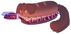  2018 ambiguous_gender arh arwyn_(bleddyn) bone bowl brown_body brown_fur canid canine canis container digital_media_(artwork) dog_food dog_treat domestic_dog female_(lore) fluffy fluffy_ears fluffy_tail food food_creature fur grumpy mammal pet_bowl pet_food sandwich_(food) simple_background solo submarine_sandwich tail white_background 