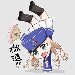  bc_freedom_(emblem) bc_freedom_military_uniform blonde_hair blue_hat blue_jacket boots chibi commentary drill_hair emblem female food food_on_face girls_und_panzer green_eyes handstand hat jacket kepi long_hair long_sleeves marie_(girls_und_panzer) military_hat motokazu_(dontokodon) oerba_yun_fang one_arm_handstand pleated_skirt skirt solo translated white_skirt 