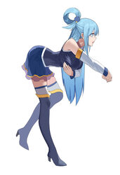  absurdres aqua_(konosuba) ass blue_eyes blue_footwear blue_hair blue_thighhighs boots breasts commentary_request detached_sleeves female full_body hair_ornament hair_rings high_heel_boots high_heels highres kono_subarashii_sekai_ni_shukufuku_wo! large_breasts long_hair looking_to_the_side photoshop_(medium) profile simple_background skirt solo standing takamitsu-kun thigh_boots thighhighs thighhighs_under_boots very_long_hair white_background white_thighhighs zettai_ryouiki 