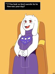  2019 anthro boss_monster_(undertale) bovid breasts caprine clothing english_text female floopy_ears fur hi_res hoodie_stalker horn looking_at_viewer mammal question_mark sitting solo text toriel undertale undertale_(series) white_body white_fur 