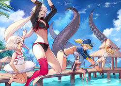  5girls ahoge alternate_costume artoria_pendragon_(fate) barefoot baseball_cap bikini black_bikini black_choker black_jacket blonde_hair blue_eyes blue_jacket blue_sky breasts casual_one-piece_swimsuit choker cloud commentary cropped_jacket day english_commentary eyepatch_bikini facial_mark fate/grand_order fate_(series) flat_chest forehead_mark hair_through_headwear hat headpiece highres horns ibaraki_douji_(fate) ibaraki_douji_(swimsuit_lancer)_(fate) ibaraki_douji_(swimsuit_lancer)_(second_ascension)_(fate) innertube jacket jeanne_d&#039;arc_alter_(fate) jeanne_d&#039;arc_alter_(swimsuit_berserker)_(fate) jeanne_d&#039;arc_alter_santa_lily_(fate) jumping large_breasts long_hair low-tied_long_hair medium_breasts midair minamoto_no_raikou_(fate) minamoto_no_raikou_(swimsuit_lancer)_(fate) multiple_girls mysterious_heroine_xx_(fate) navel o-ring o-ring_bikini o-ring_bottom o-ring_top ocean one-piece_swimsuit oni oni_horns outdoors palm_tree parted_bangs pier pointy_ears purple_bikini purple_eyes purple_hair red_legwear shrug_(clothing) side-tie_bikini_bottom single_thighhigh sitting sky small_breasts swim_ring swimsuit tentacle thigh_strap thighhighs tree very_long_hair water white_bikini white_hair white_one-piece_swimsuit wristband yellow_eyes yoshio_(55level) zipper_pull_tab 