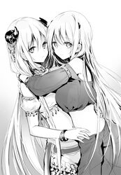  2girls bracelet choker closed_mouth crop_top detached_sleeves dutch_angle floating_hair from_side greyscale hair_between_eyes hand_on_another&#039;s_hip highres horns hug jewelry kei_(k_tmr) latina_(uchi_no_musume_no_tame_naraba) long_hair looking_at_viewer monochrome multiple_girls non-web_source novel_illustration off_shoulder official_art short_sleeves siblings simple_background sisters skirt standing twins uchi_no_musume_no_tame_naraba_ore_wa_moshikashitara_maou_mo_taoseru_kamo_shirenai. very_long_hair white_background 