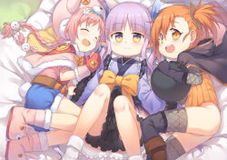  3girls :d ^_^ animal_ears animal_hat bed_sheet belt black_cape black_gloves black_thighhighs blue_hairband blue_ribbon blue_shorts blush bomb boots bow braid brown_eyes brown_footwear buttons cape capelet chinese_commentary closed_eyes closed_mouth commentary_request elbow_gloves elf explosive fake_animal_ears fingerless_gloves fishnet_thighhighs fishnets flower fred04142 frills fur-trimmed_capelet fur_trim girl_sandwich gloves grey_legwear hair_between_eyes hair_flower hair_ornament hair_ribbon hairband hat holding_hands hood hood_down hooded_cape japanese_clothes kimono knee_boots knees_up kyoka_(princess_connect!) leotard long_hair long_sleeves low_twintails lying mimi_(princess_connect!) misogi_(princess_connect!) mittens multiple_girls on_back on_side open_mouth orange_bow orange_eyes orange_hair orange_leotard photoshop_(medium) pillow pink_capelet pink_hair pink_headwear pink_shirt pointy_ears princess_connect! puffy_short_sleeves puffy_sleeves purple_hair purple_kimono rabbit_ears rabbit_hair_ornament rabbit_hat red_mittens ribbed_leotard ribbon ribbon_trim round_teeth sandwiched shirt short_shorts short_sleeves shorts side_ponytail smile teeth thighhighs twin_braids twintails upper_teeth_only very_long_hair white_flower white_legwear wide_sleeves 