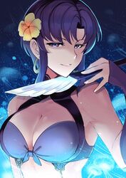  bare_shoulders bikini blue_eyes blue_hair breasts cleavage commentary_request earrings elbow_gloves female fire_emblem fire_emblem:_the_blazing_blade fire_emblem_heroes gloves highres jewelry knife large_breasts looking_at_viewer nakabayashi_zun purple_hair short_hair simple_background smile solo swimsuit ursula_(fire_emblem) ursula_(summer)_(fire_emblem) weapon 