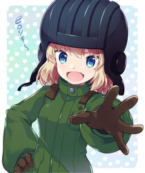  :d black_gloves black_headwear blonde_hair blue_eyes commentary_request female girls_und_panzer gloves green_jumpsuit hand_on_own_hip helmet insignia jumpsuit katyusha_(girls_und_panzer) long_sleeves looking_at_viewer military military_uniform miyano_ururu oerba_yun_fang open_mouth partial_commentary pravda_military_uniform short_hair smile solo standing star_(symbol) starry_background tank_helmet uniform upper_body 