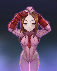  ass_visible_through_thighs black_background breasts brown_eyes brown_hair cammy_white cammy_white_(cosplay) chinese_commentary commentary_request corruption cosplay cowboy_shot dark_persona empty_eyes female forehead garrison_cap gradient_background hat highleg highleg_leotard highres karakai_jouzu_no_takagi-san leebigtree leotard lips long_hair looking_at_viewer necktie parted_bangs perspective pink_hat pink_leotard red_necktie ribbed_leotard shadaloo_dolls small_breasts solo standing street_fighter street_fighter_zero_(series) takagi-san 