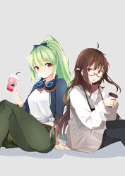  2girls alternate_costume azur_lane breasts brown_eyes brown_hair casual commentary cup disposable_coffee_cup disposable_cup glasses green_hair headphones highres london_(azur_lane) looking_at_viewer multiple_girls myuto_(advent_retribution) pantyhose ponytail red_eyes scarf shropshire_(azur_lane) simple_background sitting smile smoothie 