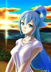  aqua_(konosuba) beach blue_eyes blue_hair blue_sky cloud collarbone commentary_request covered_nipples dated day female floating_hair highres kono_subarashii_sekai_ni_shukufuku_wo! lens_flare long_hair ocean oshiyon outdoors see-through shirt short_sleeves sky smile solo sun tied_hair twitter_username upper_body very_long_hair white_shirt 